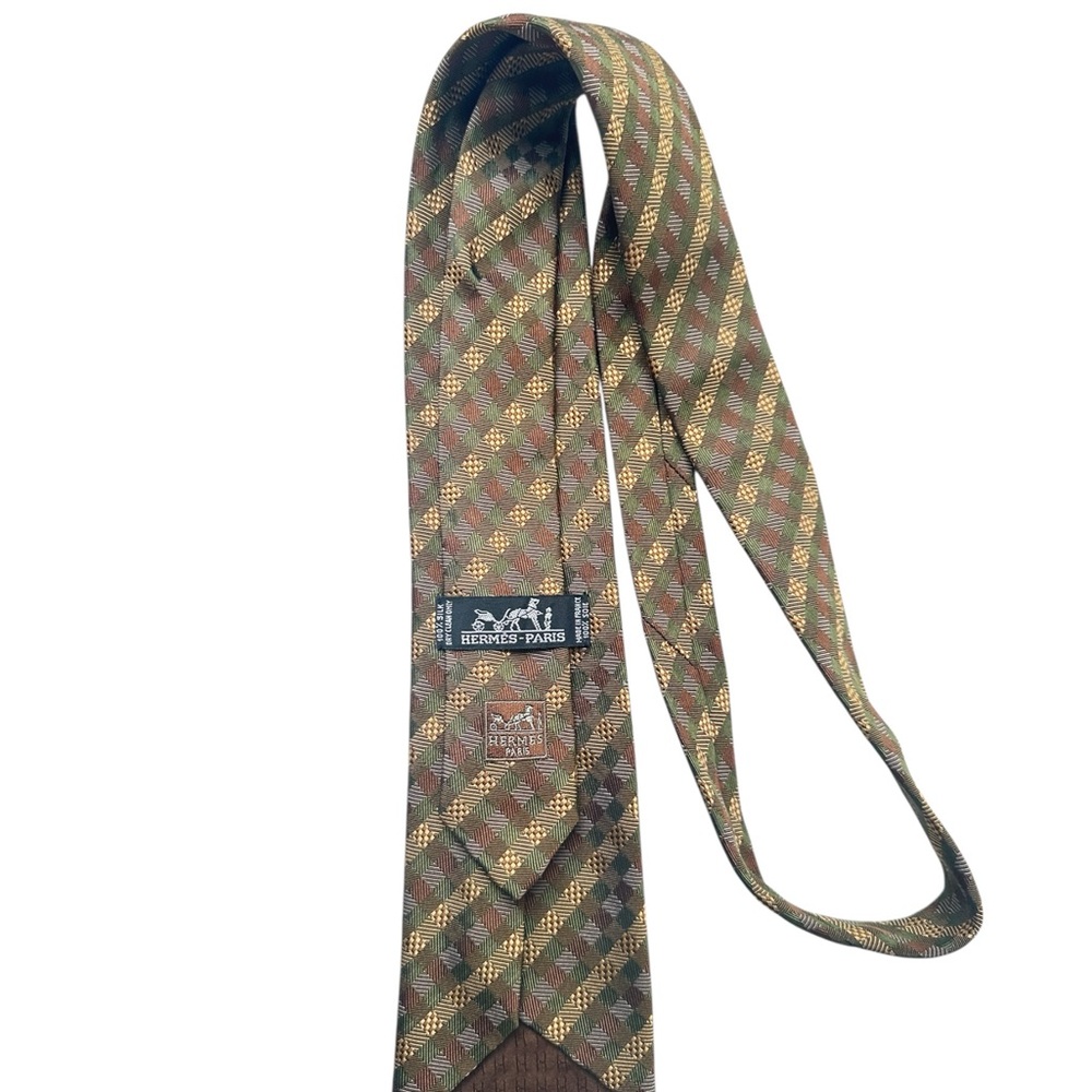 Hermès Paris Silk Tie Brown Gold Geometric Pattern Made in France Authentic - Picture 12 of 17